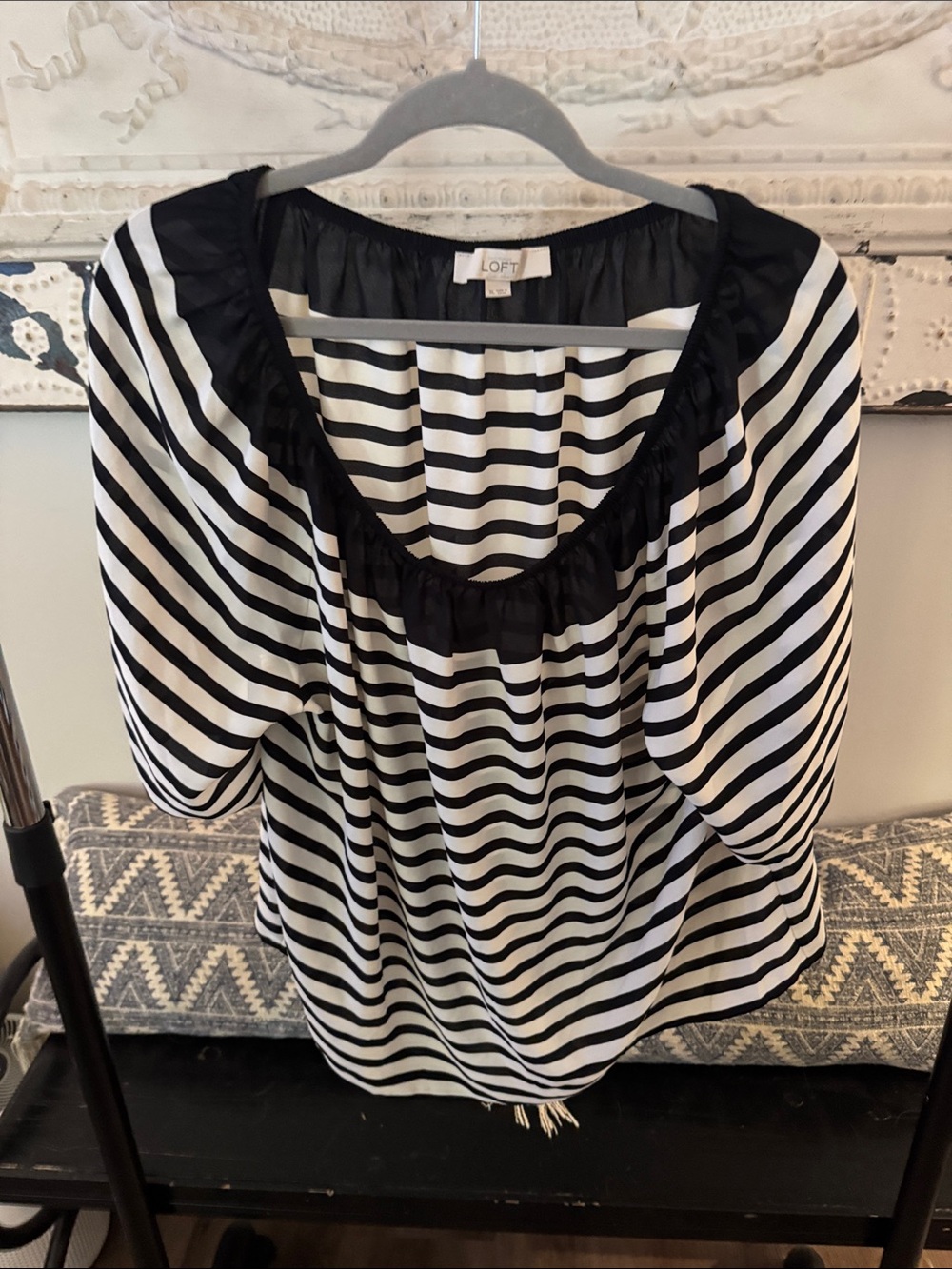 LOFT Black and White Striped Scoop-Neck Blouse